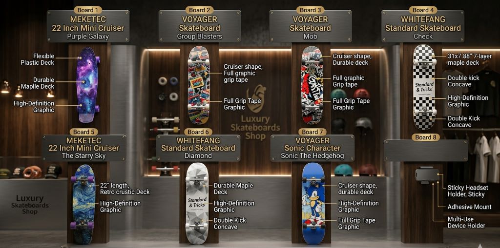 Voyager skateboard with printed grip tape design for teens in Florida, showcasing colorful deck and smooth wheels.