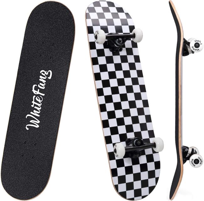 WhiteFang 31 inch beginner skateboard Check design, 7-ply maple deck with double kick concave for tricks and stability