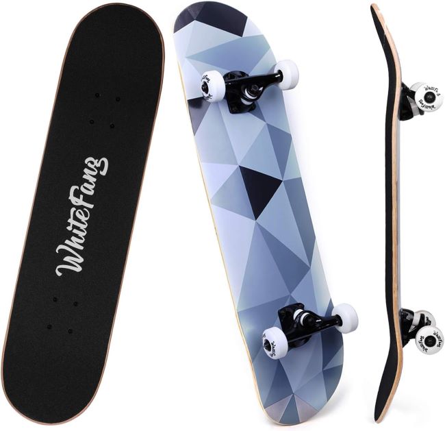 WhiteFang Diamond design skateboard for beginners, durable maple deck with double kick shape for tricks and control