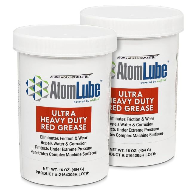 AtomLube heavy duty red grease jars designed for high temperature and waterproof lubrication of metal surfaces and bearings