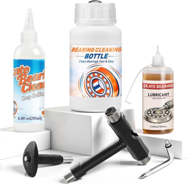 Skate bearing cleaning kit with lubricant oil, cleaning bottle, and tools for skateboard and roller skate maintenance