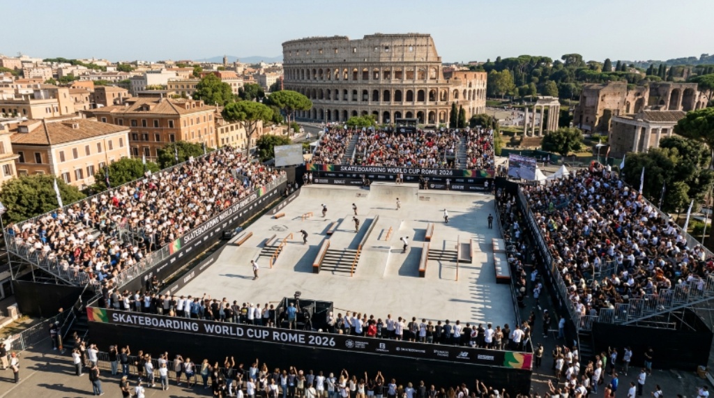 Aerial view of the Parco del Colle Oppio street skateboarding course in Rome, Italy, packed with fans during the 2026 World Cup event