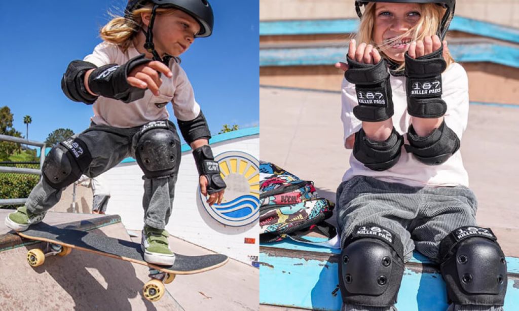 Child wearing skateboard helmet, knee pads, and elbow pads for safe skating