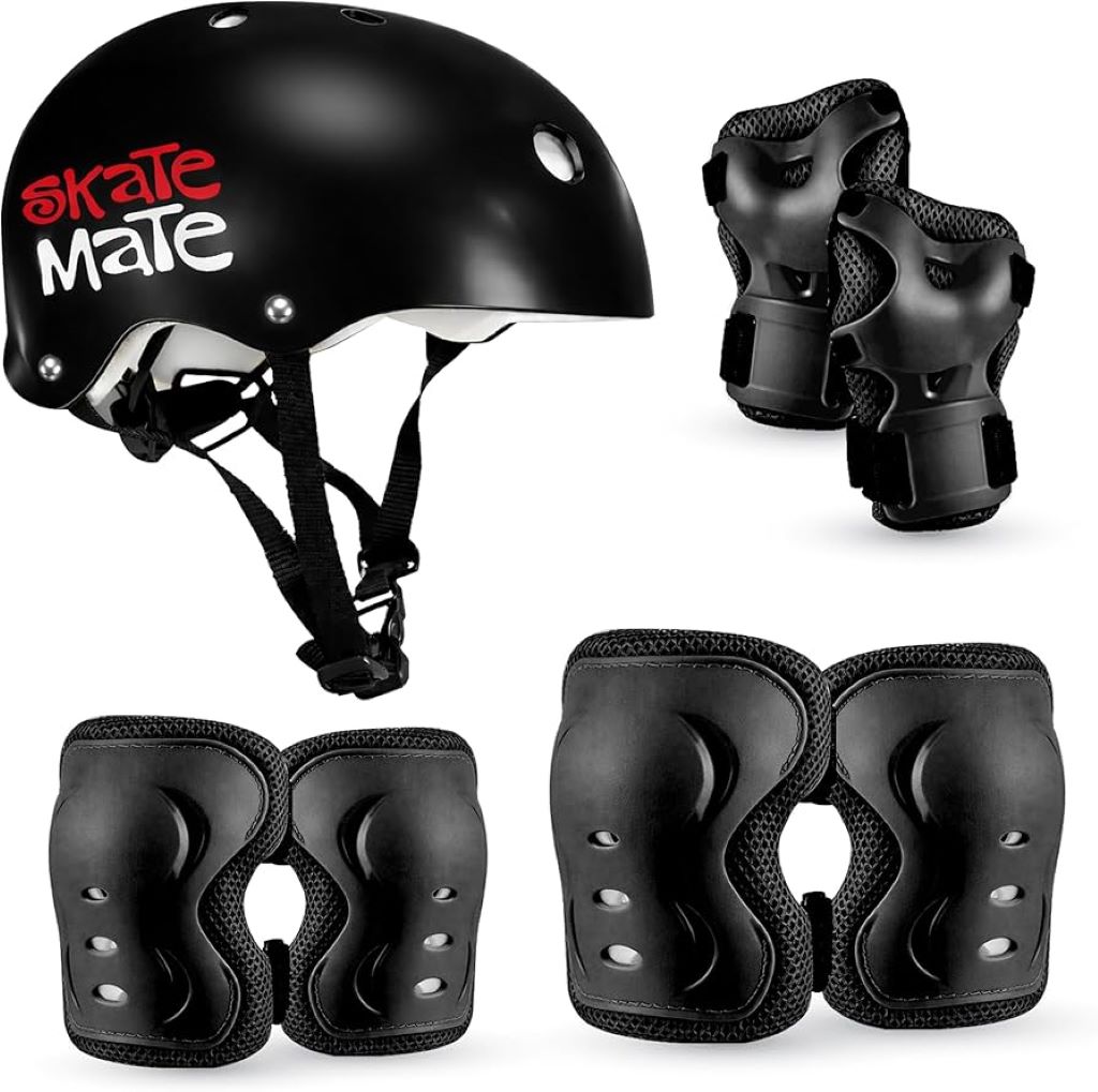 Kids skateboarding safety gear set including helmet, wrist guards, and pads