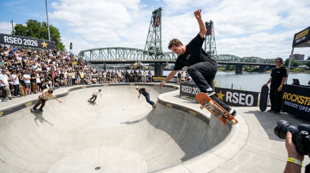 Professional skateboarders competing in the park bowl finals at the Rockstar Energy Open RSEO 2026 at Tom McCall Waterfront Park in Portland, Oregon