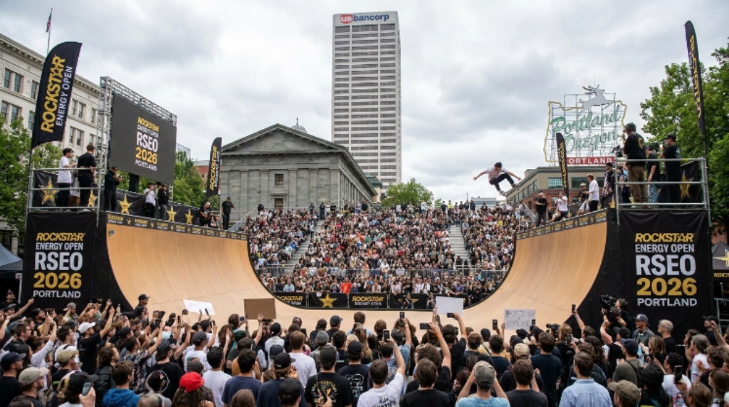 A large crowd of fans watching the street skateboarding finals during the Rockstar Energy Open RSEO 2026 weekend in downtown Portland