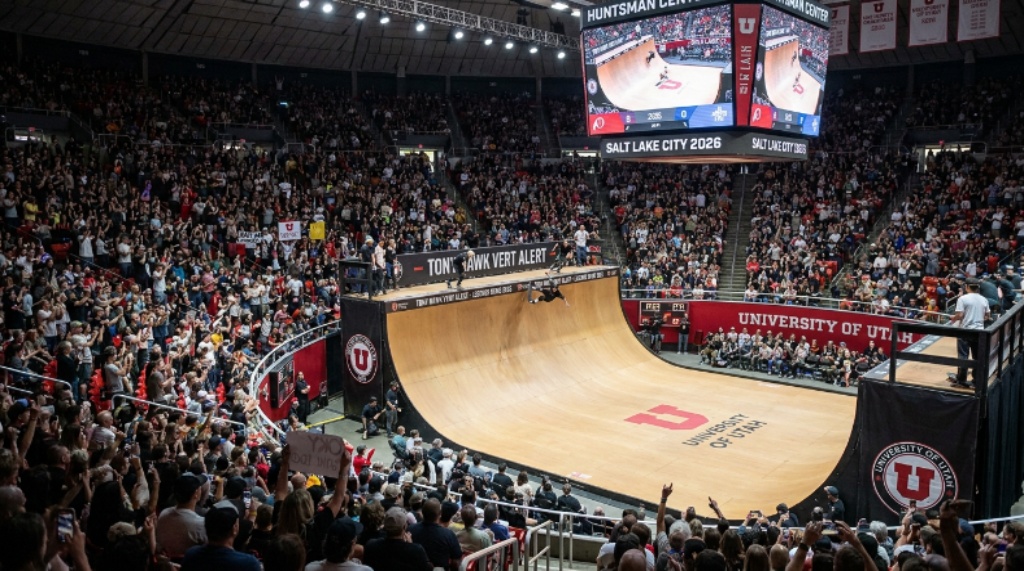 Crowd watching the Tony Hawk Vert Alert Legends Demo at the University of Utah indoor arena in 2026