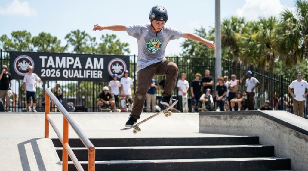 Amateur skateboarder competing during Tampa Am 2026 qualifier session