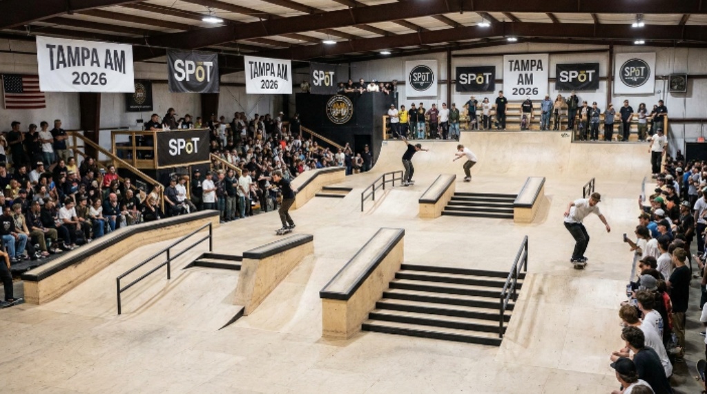 Skatepark of Tampa street course set up for Tampa Am 2026 contest