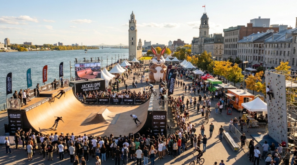 Skateboarder performing trick at JACKALOPE Montreal 2026 festival