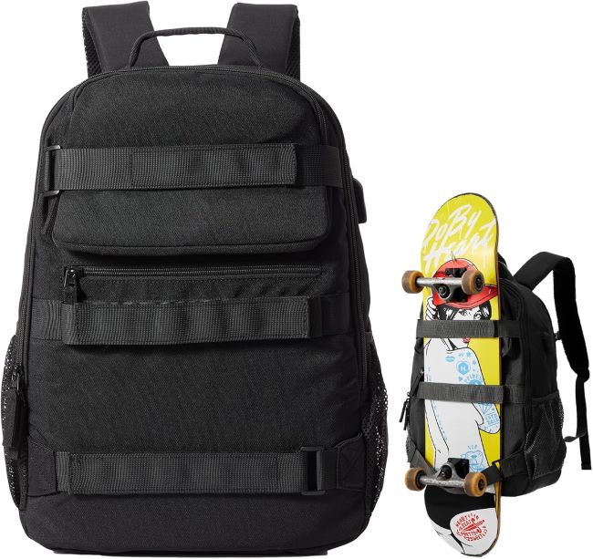 LANBX skateboard backpack with laptop compartment, USB charging port, and secure board-carry straps