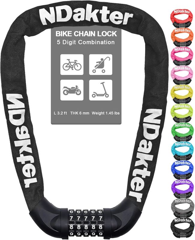 NDakter five-digit combination chain lock providing anti-theft security for skateboards, bikes, and scooters