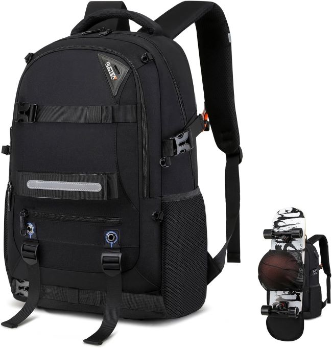RUCYEN waterproof skateboard backpack with hidden anti-theft pockets and 15.6-inch laptop compartment
