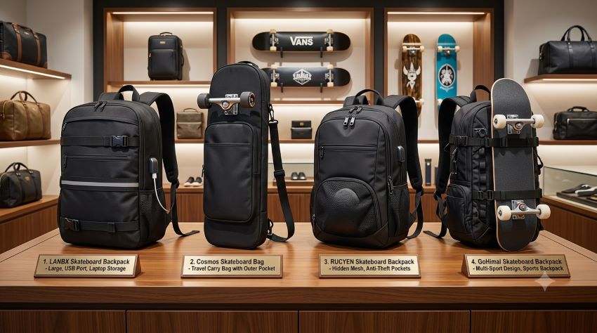 Skateboard backpack with secure board straps and laptop compartment for commuting in Florida