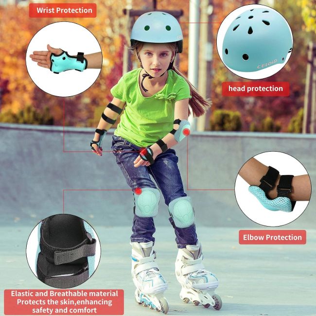 Affordable CELOID children's helmet with knee pads, elbow pads, and wrist guards