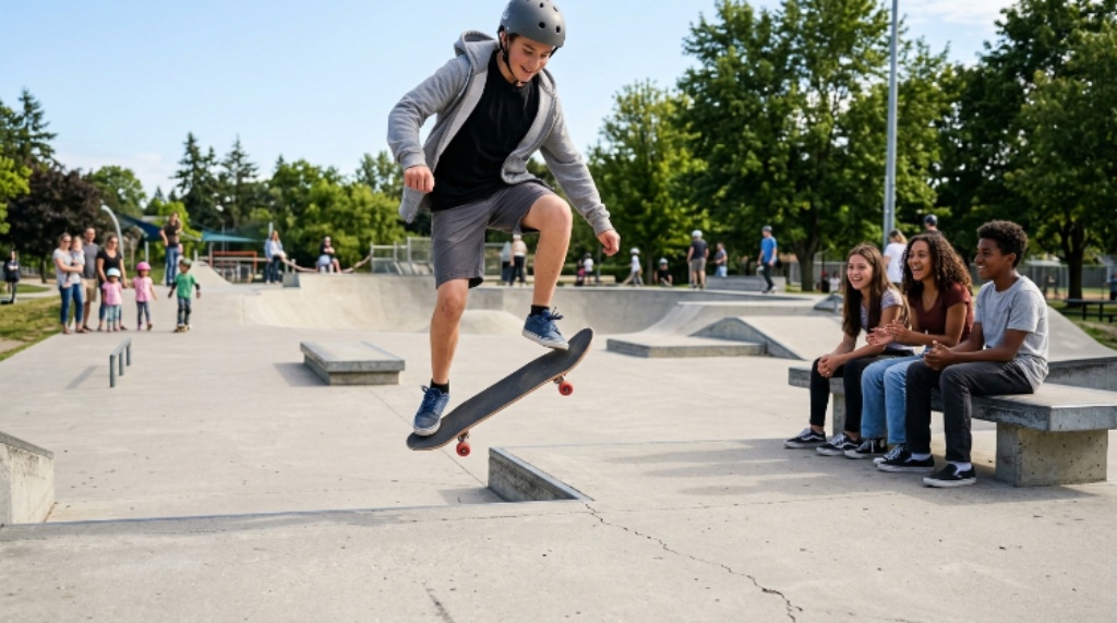 Beginner skateboarder practicing easy tricks at a skatepark