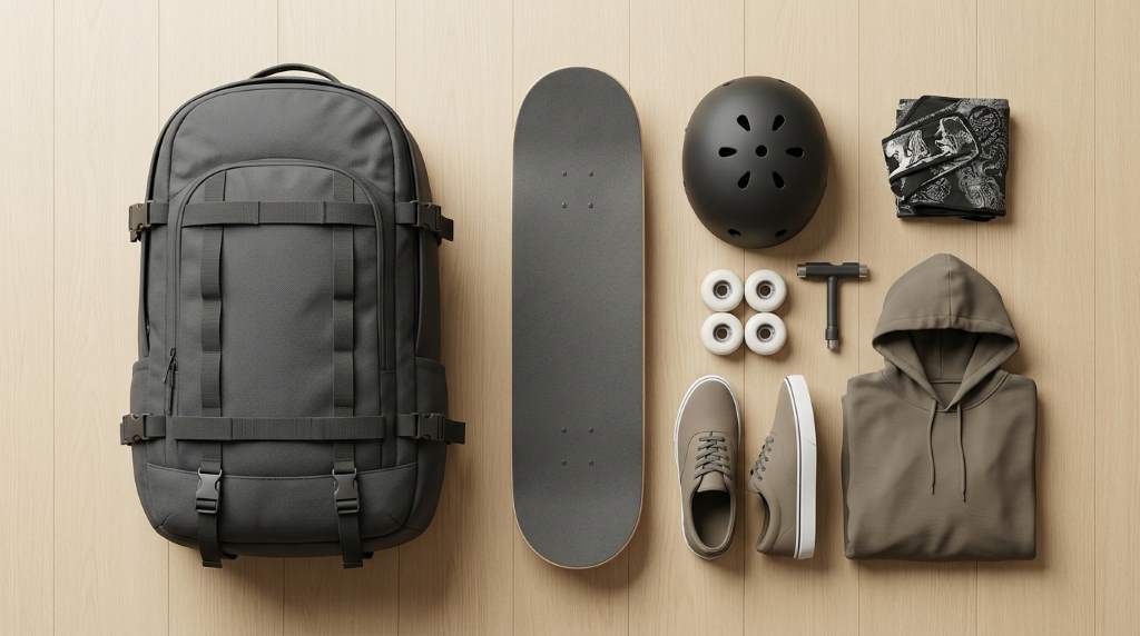 Skate tool water bottle and protective gear inside backpack