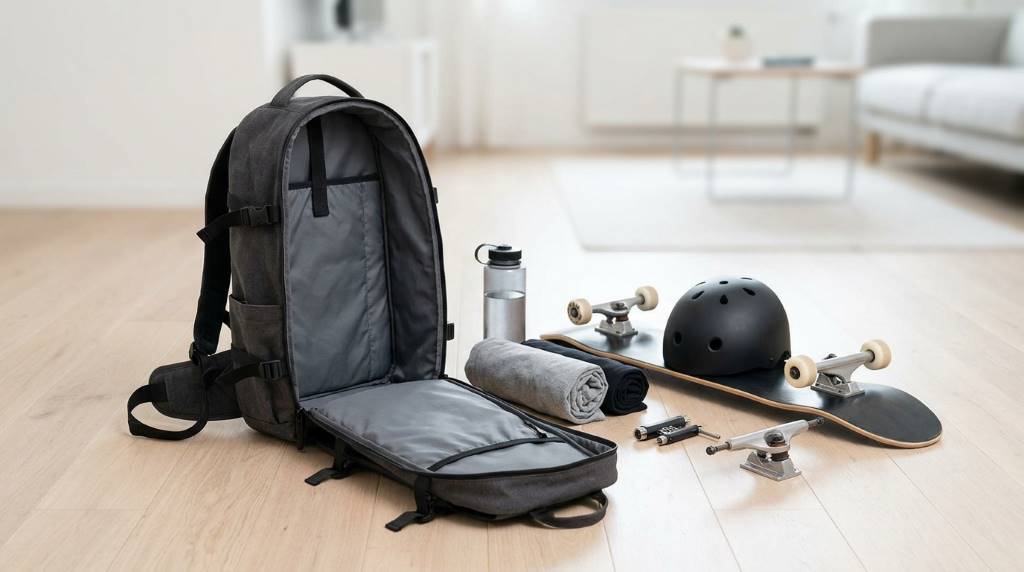 Skateboard secured to backpack straps for transport