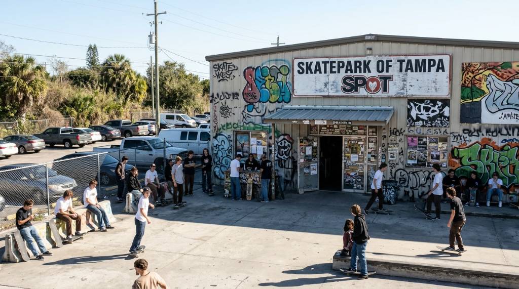 Exterior view of the Skatepark of Tampa entrance on a sunny January day
