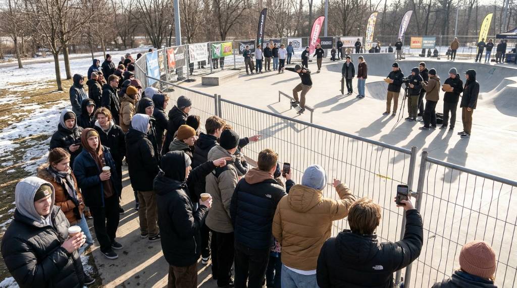 Spectators watch a skateboard contest from behind the fence on a sunny winter day