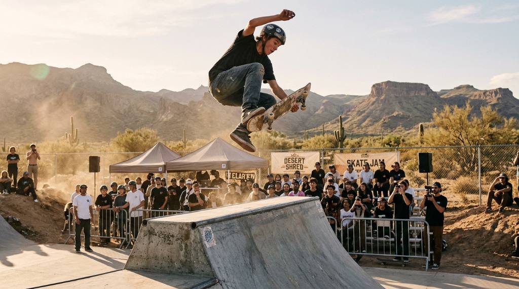 A young skater launches off a ramp during a contest at a desert skate park