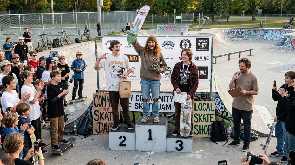 Winners hold prizes on a small awards stage after a community skate competition